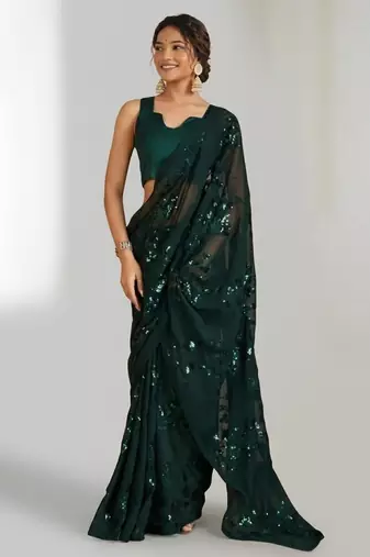 Green floral sequins embroidered georgette party wear saree with blouse piece