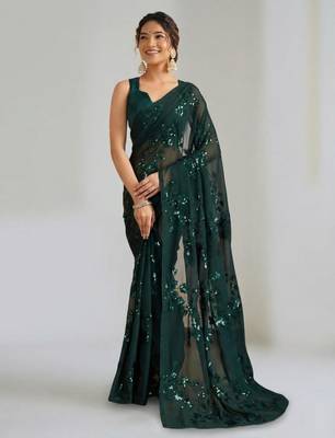 Green floral sequins embroidered georgette party wear saree with blouse piece 3