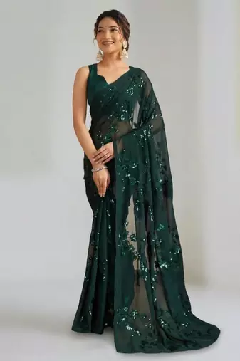 Green floral sequins embroidered georgette party wear saree with blouse piece