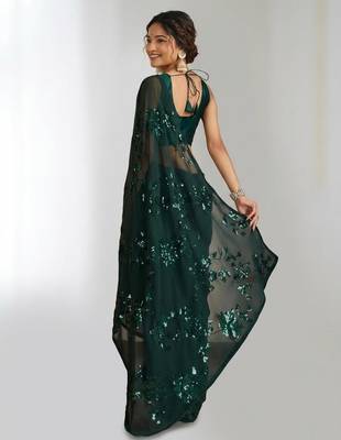 Green floral sequins embroidered georgette party wear saree with blouse piece 5