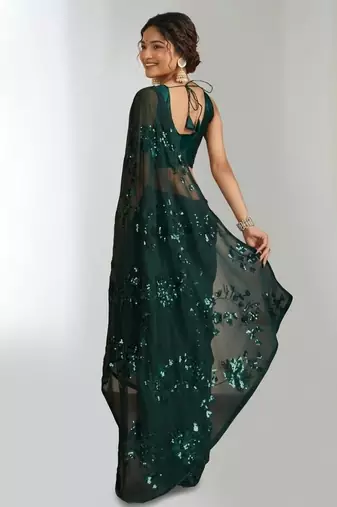 Green floral sequins embroidered georgette party wear saree with blouse piece