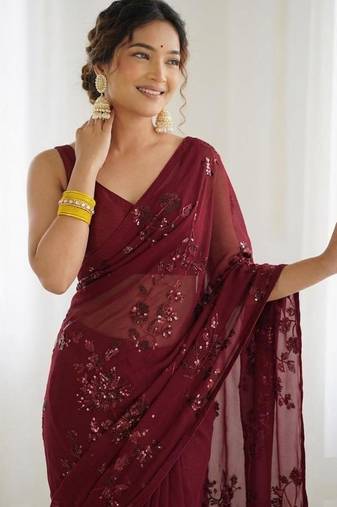 Maroon floral sequins embroidered georgette party wear saree with blouse piece