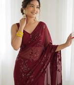 Maroon floral sequins embroidered georgette party wear saree with blouse piece