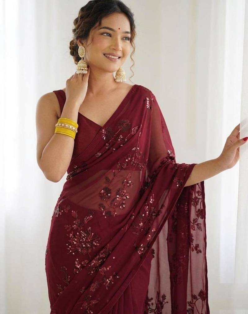 Maroon floral sequins embroidered georgette party wear saree with blouse piece