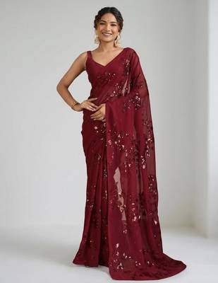 Maroon floral sequins embroidered georgette party wear saree with blouse piece 2