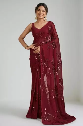Maroon floral sequins embroidered georgette party wear saree with blouse piece