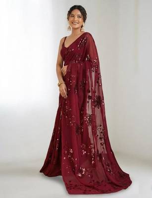 Maroon floral sequins embroidered georgette party wear saree with blouse piece 3