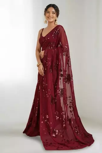 Maroon floral sequins embroidered georgette party wear saree with blouse piece