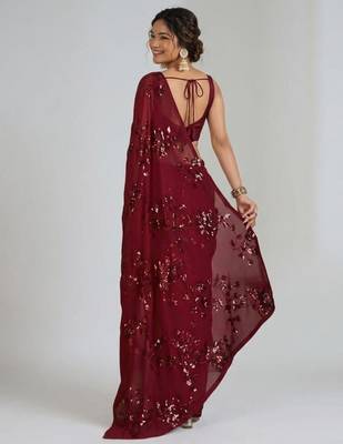 Maroon floral sequins embroidered georgette party wear saree with blouse piece 4