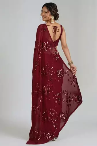 Maroon floral sequins embroidered georgette party wear saree with blouse piece