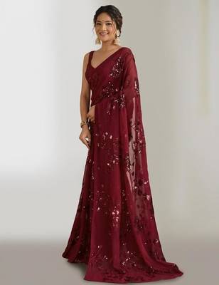 Maroon floral sequins embroidered georgette party wear saree with blouse piece 5