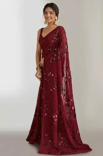 Maroon floral sequins embroidered georgette party wear saree with blouse piece