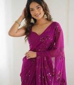 Rani floral sequins embroidered georgette party wear saree with blouse piece