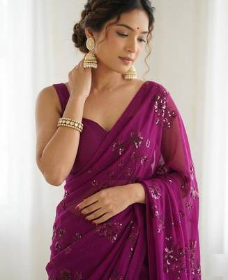 Rani floral sequins embroidered georgette party wear saree with blouse piece 2