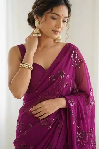 Rani floral sequins embroidered georgette party wear saree with blouse piece