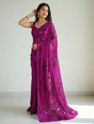 Rani floral sequins embroidered georgette party wear saree with blouse piece 3