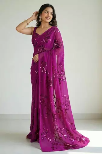 Rani floral sequins embroidered georgette party wear saree with blouse piece