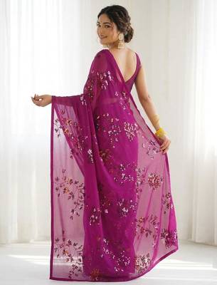 Rani floral sequins embroidered georgette party wear saree with blouse piece 4