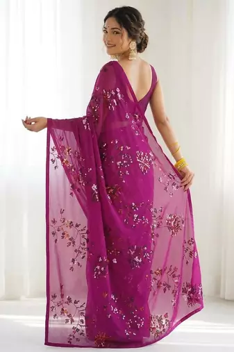 Rani floral sequins embroidered georgette party wear saree with blouse piece