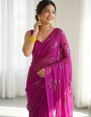 Rani floral sequins embroidered georgette party wear saree with blouse piece 5