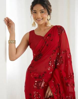 Red floral sequins embroidered georgette party wear saree with blouse piece 1