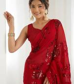 Red floral sequins embroidered georgette party wear saree with blouse piece