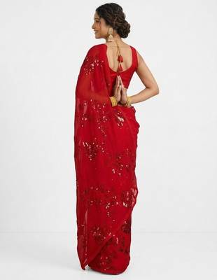 Red floral sequins embroidered georgette party wear saree with blouse piece 2
