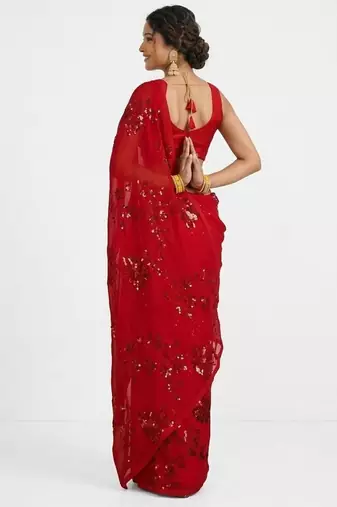 Red floral sequins embroidered georgette party wear saree with blouse piece