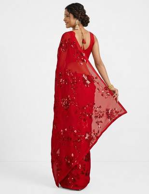 Red floral sequins embroidered georgette party wear saree with blouse piece 3