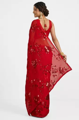 Red floral sequins embroidered georgette party wear saree with blouse piece