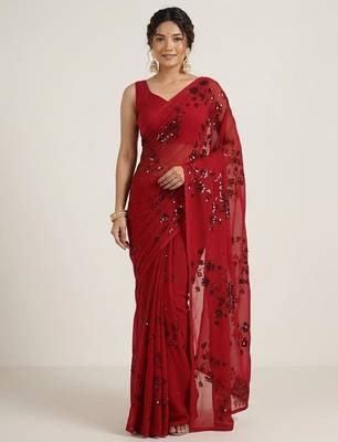 Red floral sequins embroidered georgette party wear saree with blouse piece 4