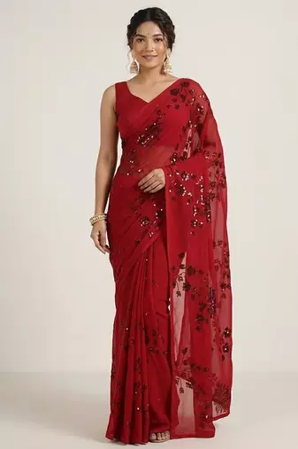 Red floral sequins embroidered georgette party wear saree with blouse piece