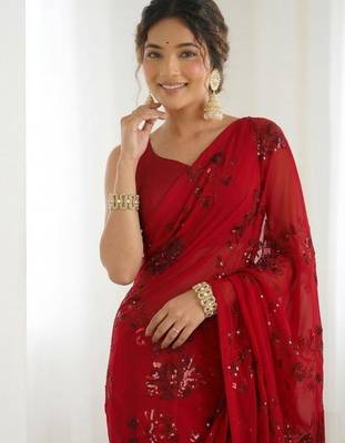 Red floral sequins embroidered georgette party wear saree with blouse piece 5