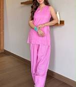 Pink floral printed pure cotton sleeveless kurta farshi salwar set for women