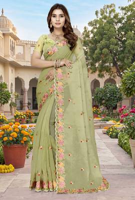 green sequin zari resham embroidered work silk blend saree for women 1