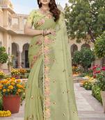 green sequin zari resham embroidered work silk blend saree for women