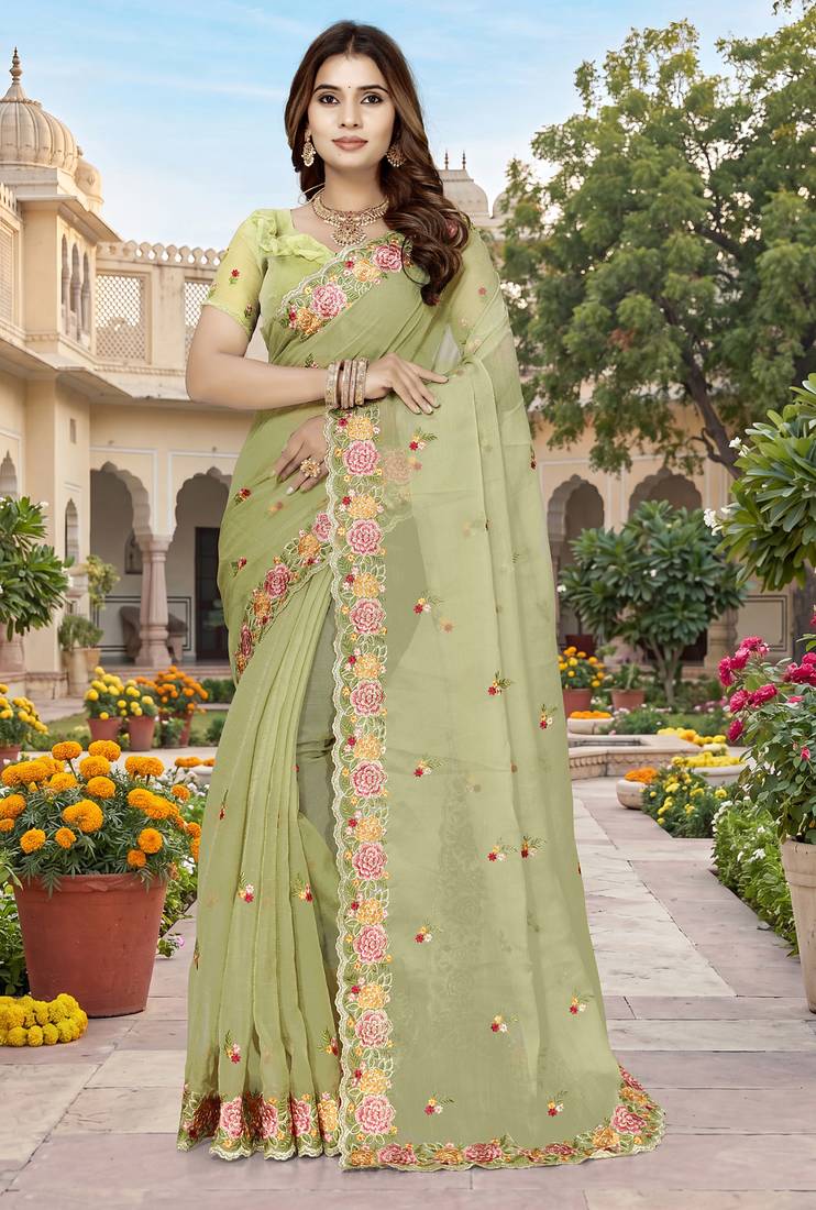 green sequin zari resham embroidered work silk blend saree for women