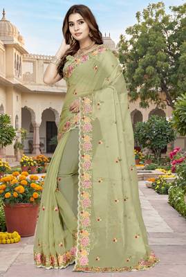 green sequin zari resham embroidered work silk blend saree for women 2