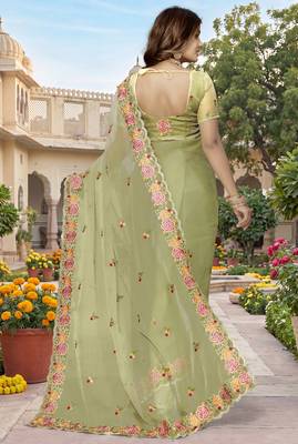 green sequin zari resham embroidered work silk blend saree for women 3