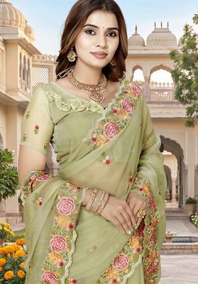 green sequin zari resham embroidered work silk blend saree for women 4