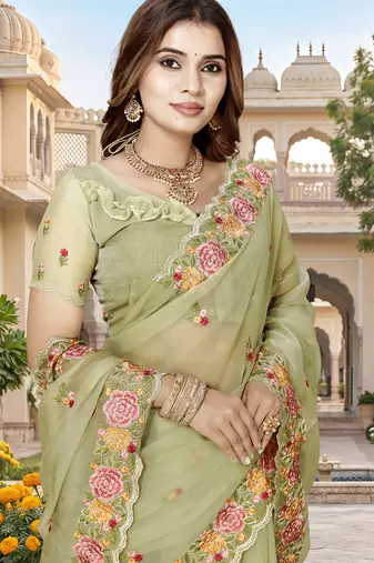 green sequin zari resham embroidered work silk blend saree for women