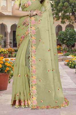 green sequin zari resham embroidered work silk blend saree for women 5