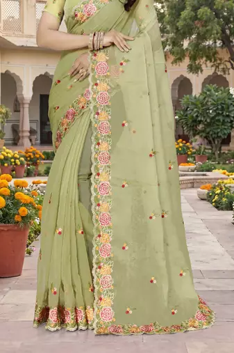 green sequin zari resham embroidered work silk blend saree for women