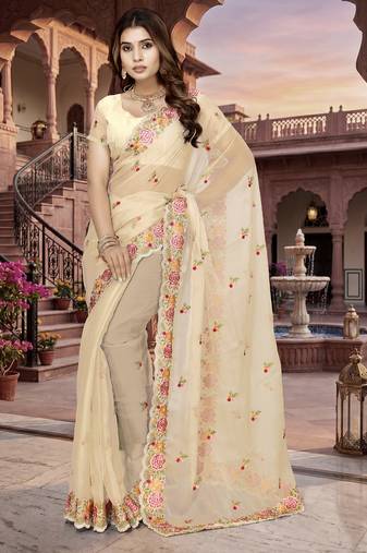 beige sequin zari resham embroidered work silk blend saree for women