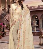 beige sequin zari resham embroidered work silk blend saree for women