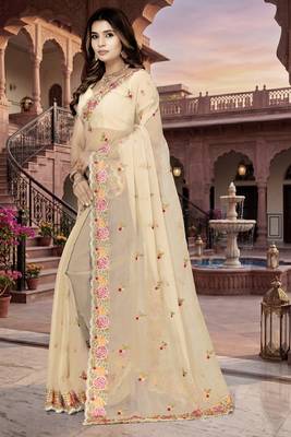 beige sequin zari resham embroidered work silk blend saree for women 2