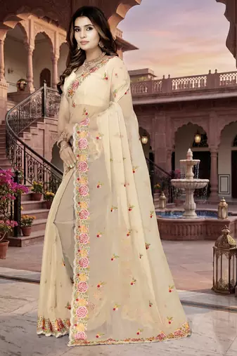beige sequin zari resham embroidered work silk blend saree for women