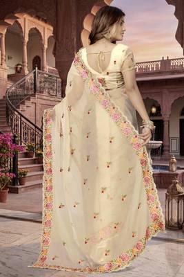 beige sequin zari resham embroidered work silk blend saree for women 3
