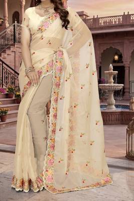 beige sequin zari resham embroidered work silk blend saree for women 5