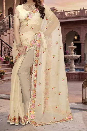 beige sequin zari resham embroidered work silk blend saree for women